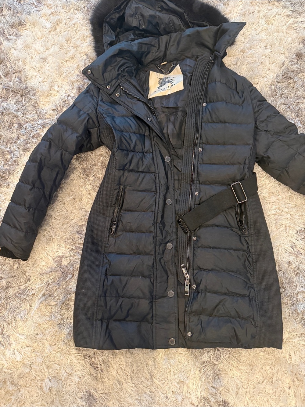 Burberry Black Quilted Long Down Puffer Coat with Belt